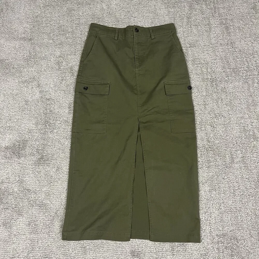 Jason Wu Skirt Womens XS Green Cotton Front Slit Maxi Cargo Pockets Classic